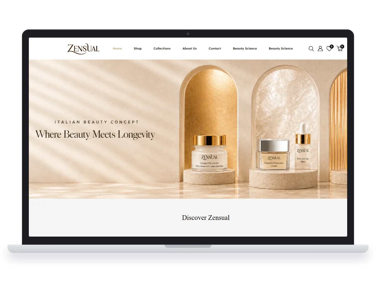 Zensual Cosmetics online store designed and built by MainStream, shown on a laptop