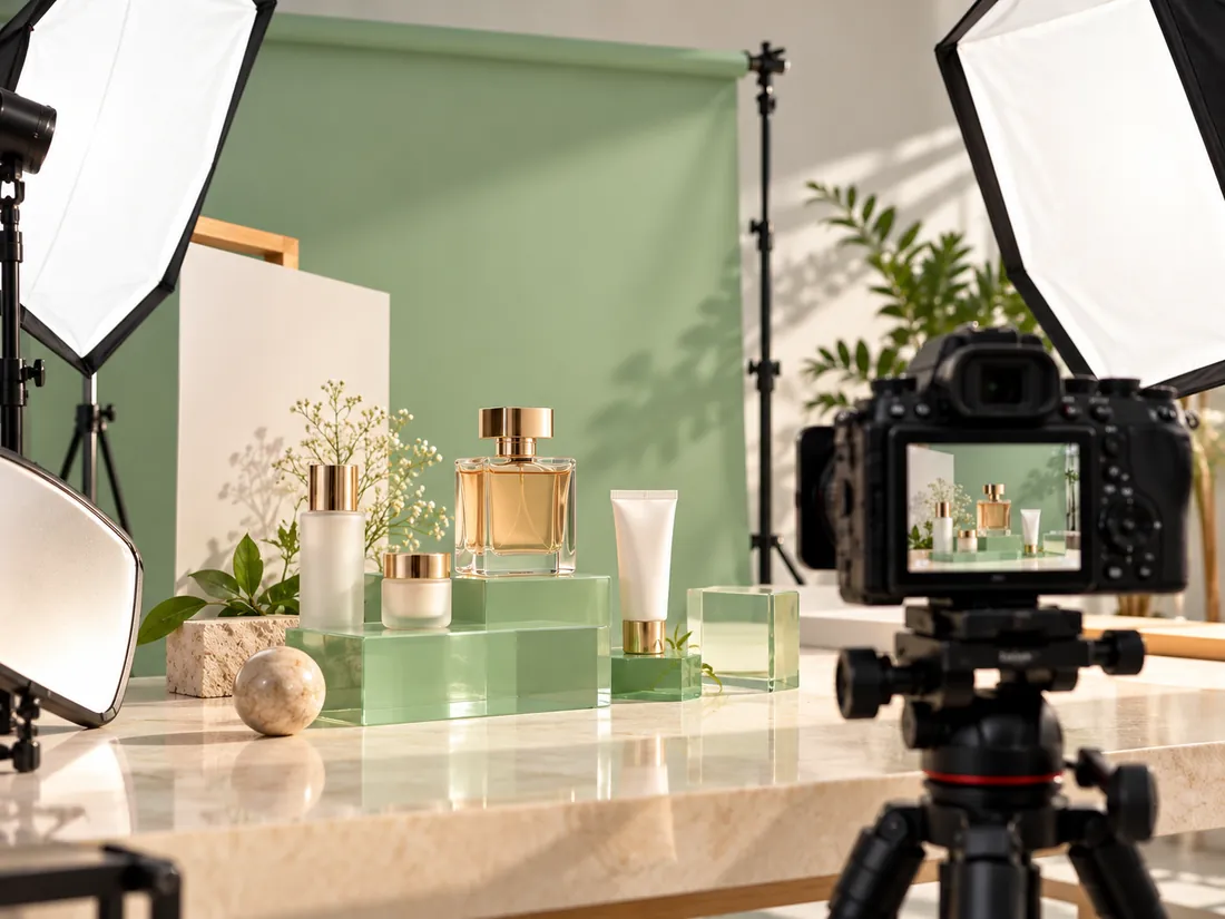 Product photography studio shoot in Dubai with perfume and skincare on set
