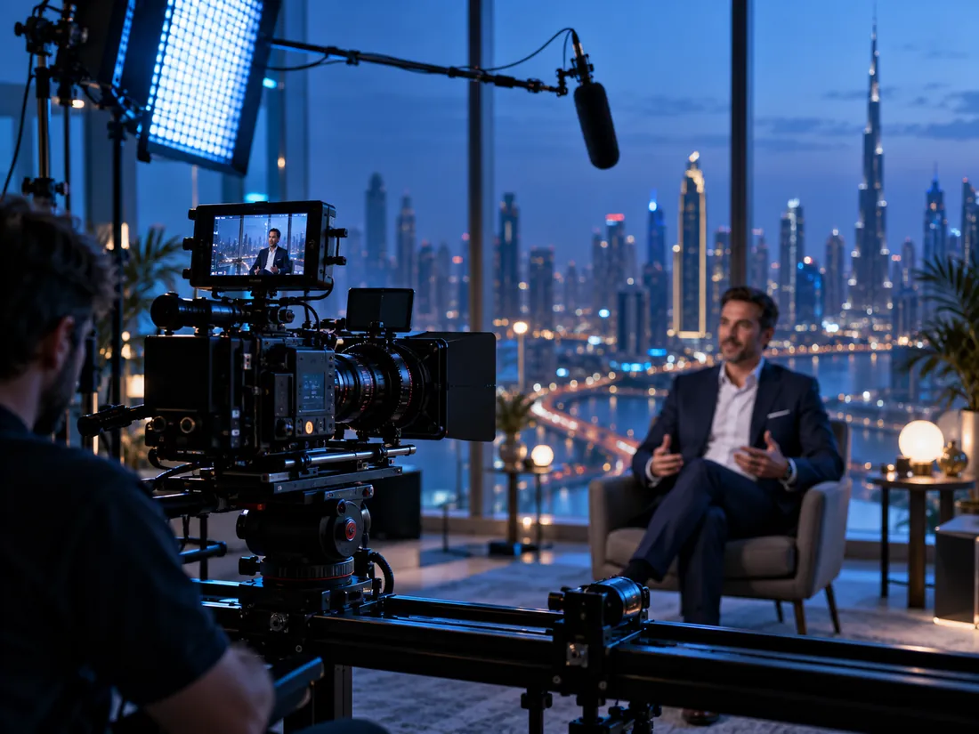 Corporate interview video shoot with cinema camera overlooking the Dubai skyline